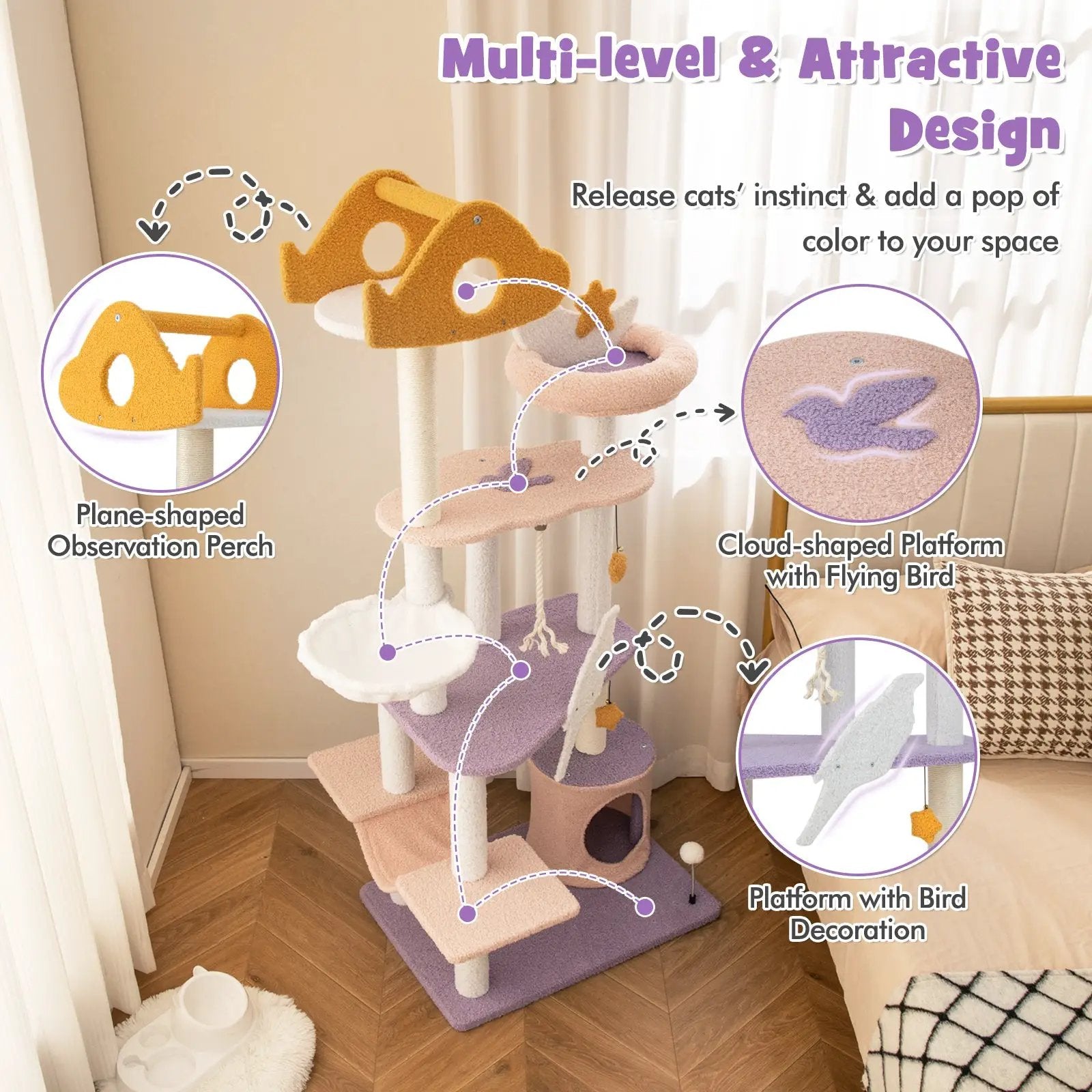 66 Inch Cute Cat Tree Cats Multi-level Tall Cat Tower with Sisal Covered Scratching Posts-Purple by DirectDeals