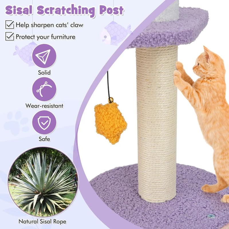 66 Inch Cute Cat Tree Cats Multi-level Tall Cat Tower with Sisal Covered Scratching Posts-Purple by DirectDeals