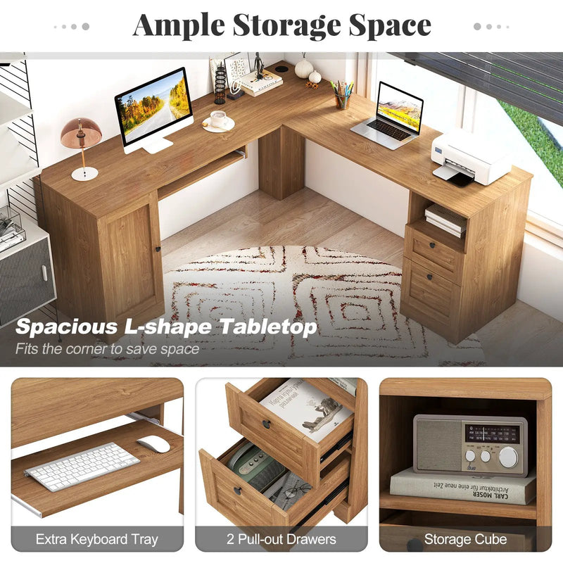 66 Inch L-Shaped Writing Study Workstation Computer Desk with Drawers by DirectDeals