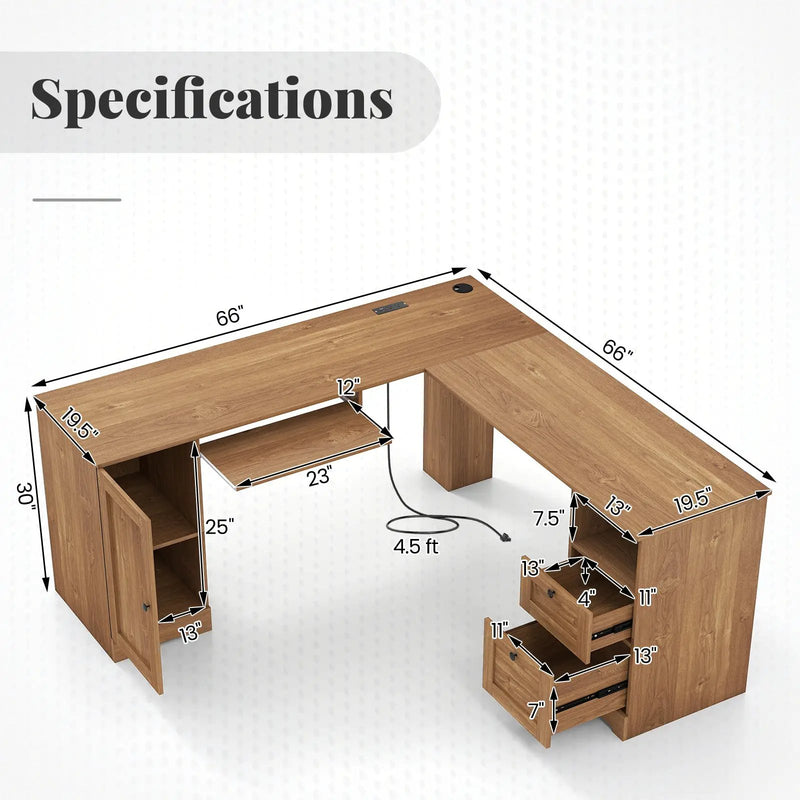66 Inch L-Shaped Writing Study Workstation Computer Desk with Drawers by DirectDeals