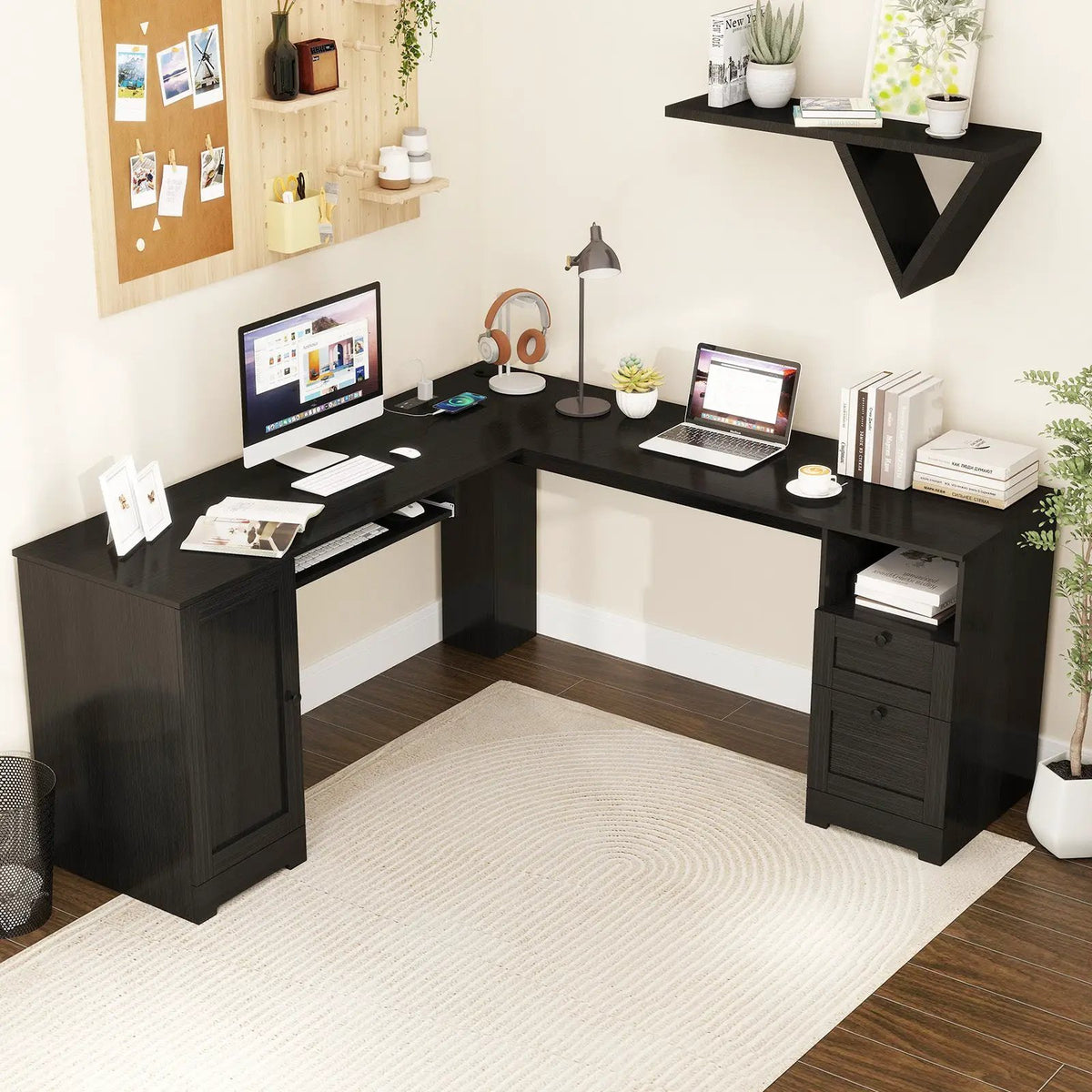 66 Inch L-Shaped Writing Study Workstation Computer Desk with Drawers by DirectDeals