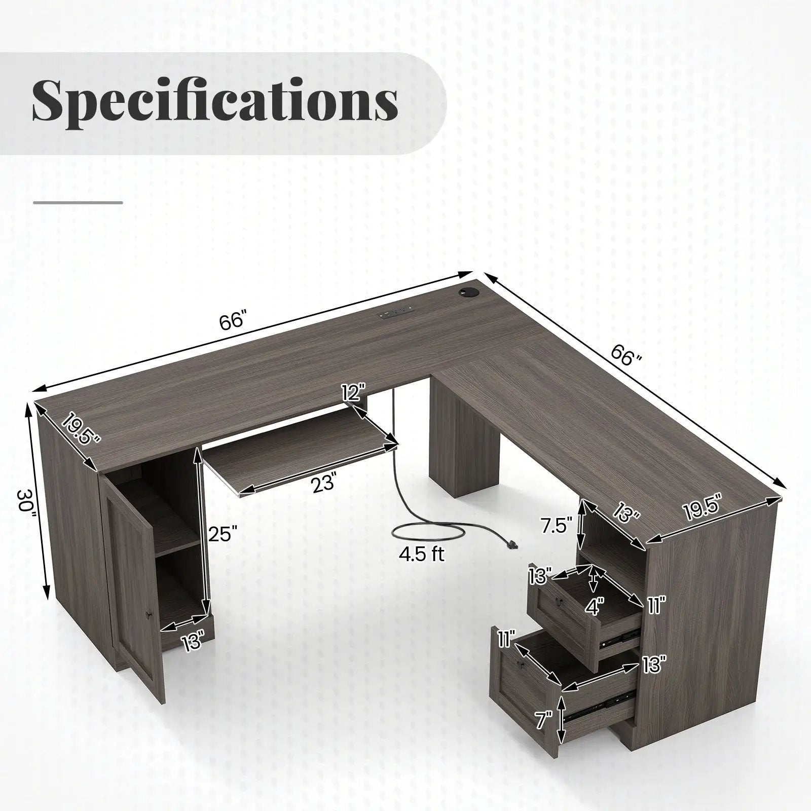 66 Inch L-Shaped Writing Study Workstation Computer Desk with Drawers by DirectDeals