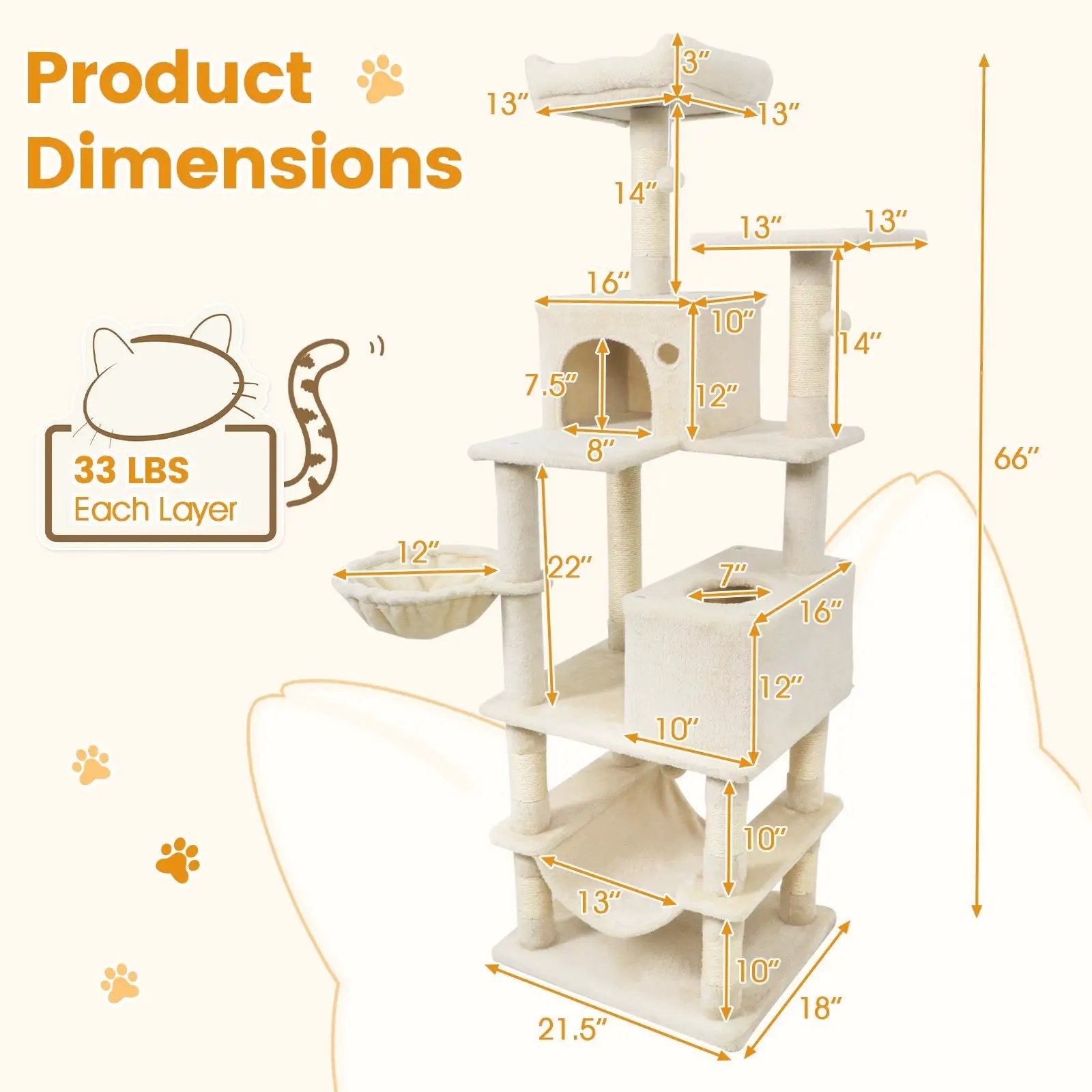 66 Inch Tall Cat Tree Multi-Level Cat Tower with 2 Condos Sisal Scratching Posts by DirectDeals