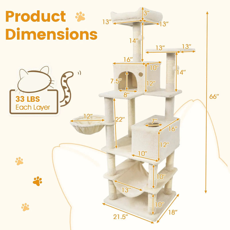 66 Inch Tall Cat Tree Multi-Level Cat Tower with 2 Condos Sisal Scratching Posts by DirectDeals