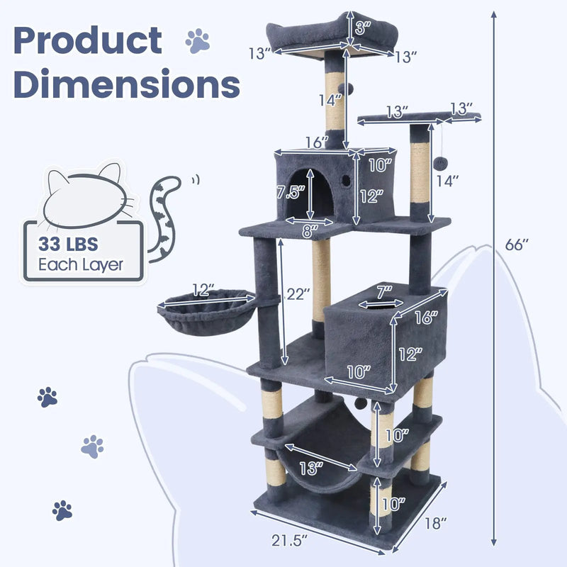 66 Inch Tall Cat Tree Multi-Level Cat Tower with 2 Condos Sisal Scratching Posts by DirectDeals