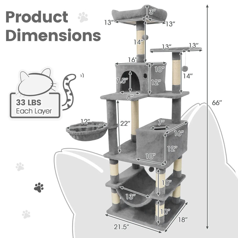 66 Inch Tall Cat Tree Multi-Level Cat Tower with 2 Condos Sisal Scratching Posts by DirectDeals