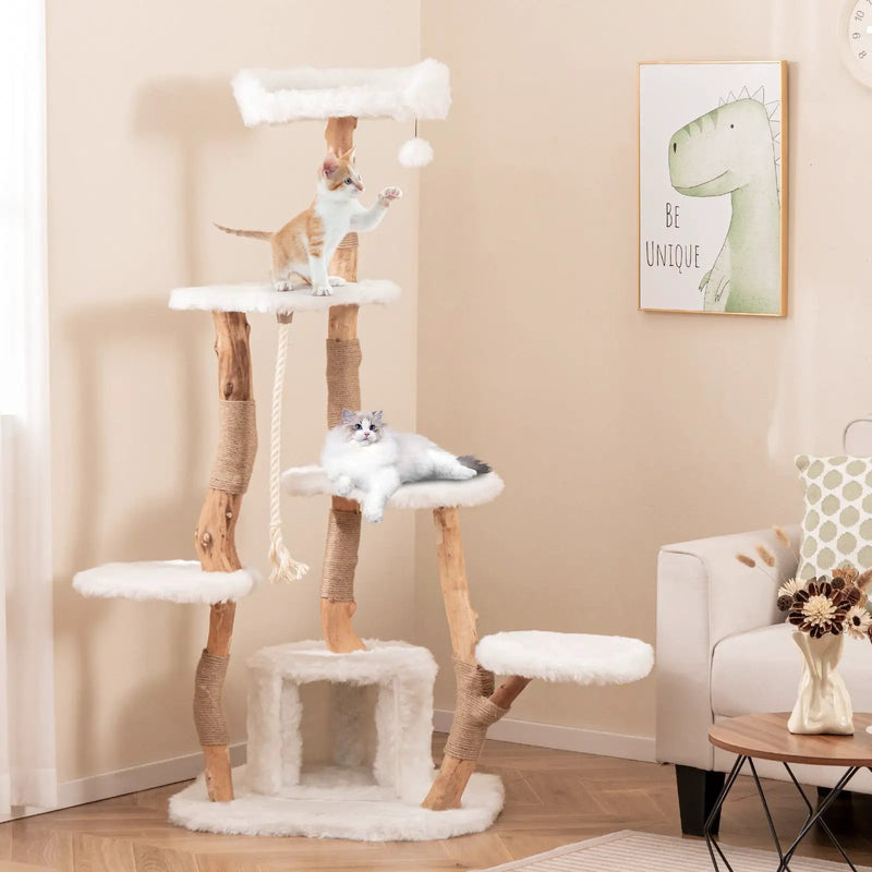 66 Inch Tall Solid Wood Cat Tree Modern Wooden Cat Tower with Perch-White by DirectDeals