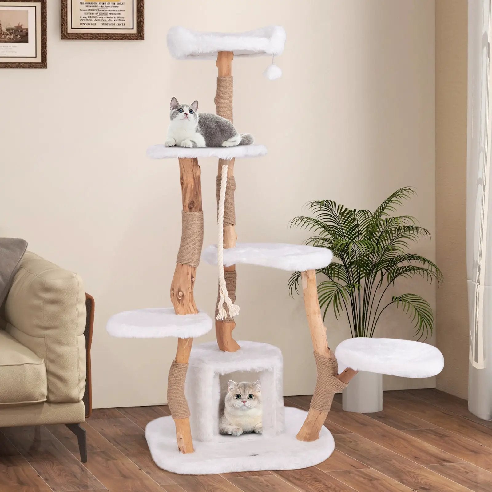 66 Inch Tall Solid Wood Cat Tree Modern Wooden Cat Tower with Perch-White by DirectDeals