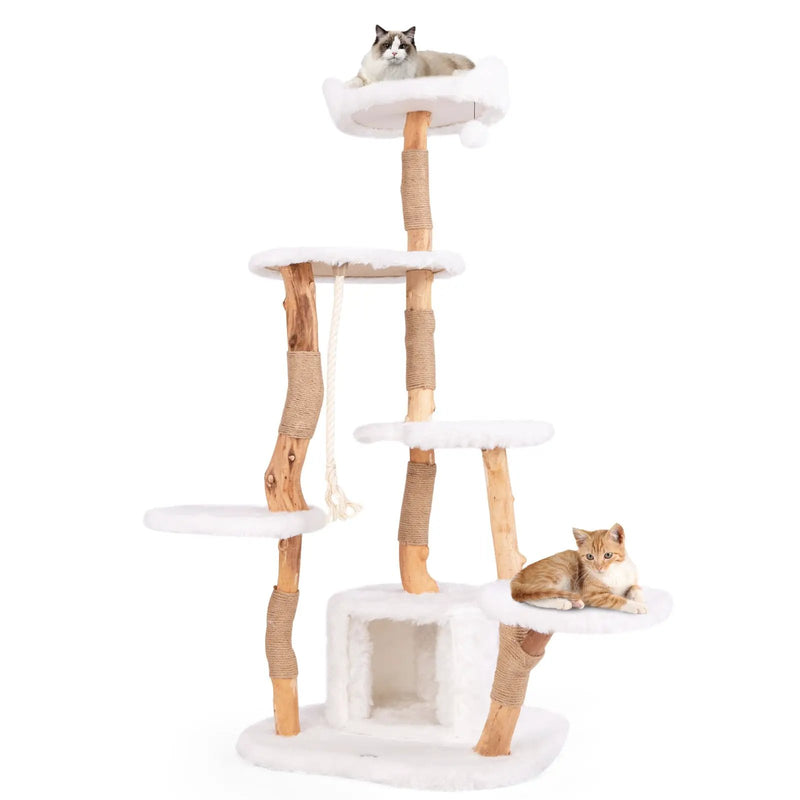 66 Inch Tall Solid Wood Cat Tree Modern Wooden Cat Tower with Perch-White by DirectDeals