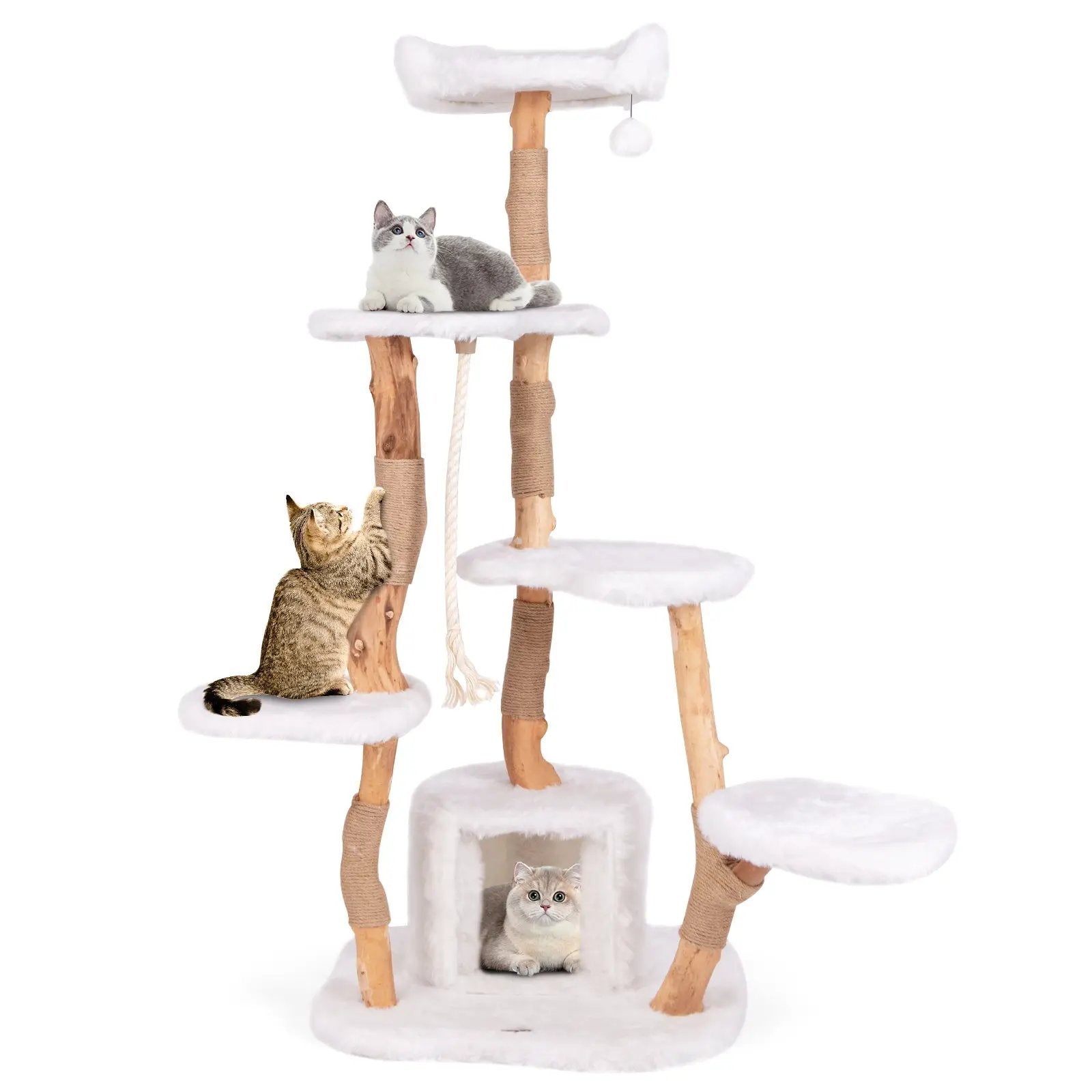66 Inch Tall Solid Wood Cat Tree Modern Wooden Cat Tower with Perch-White by DirectDeals