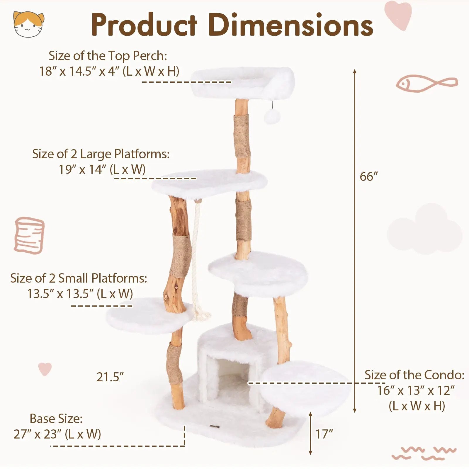 66 Inch Tall Solid Wood Cat Tree Modern Wooden Cat Tower with Perch-White by DirectDeals