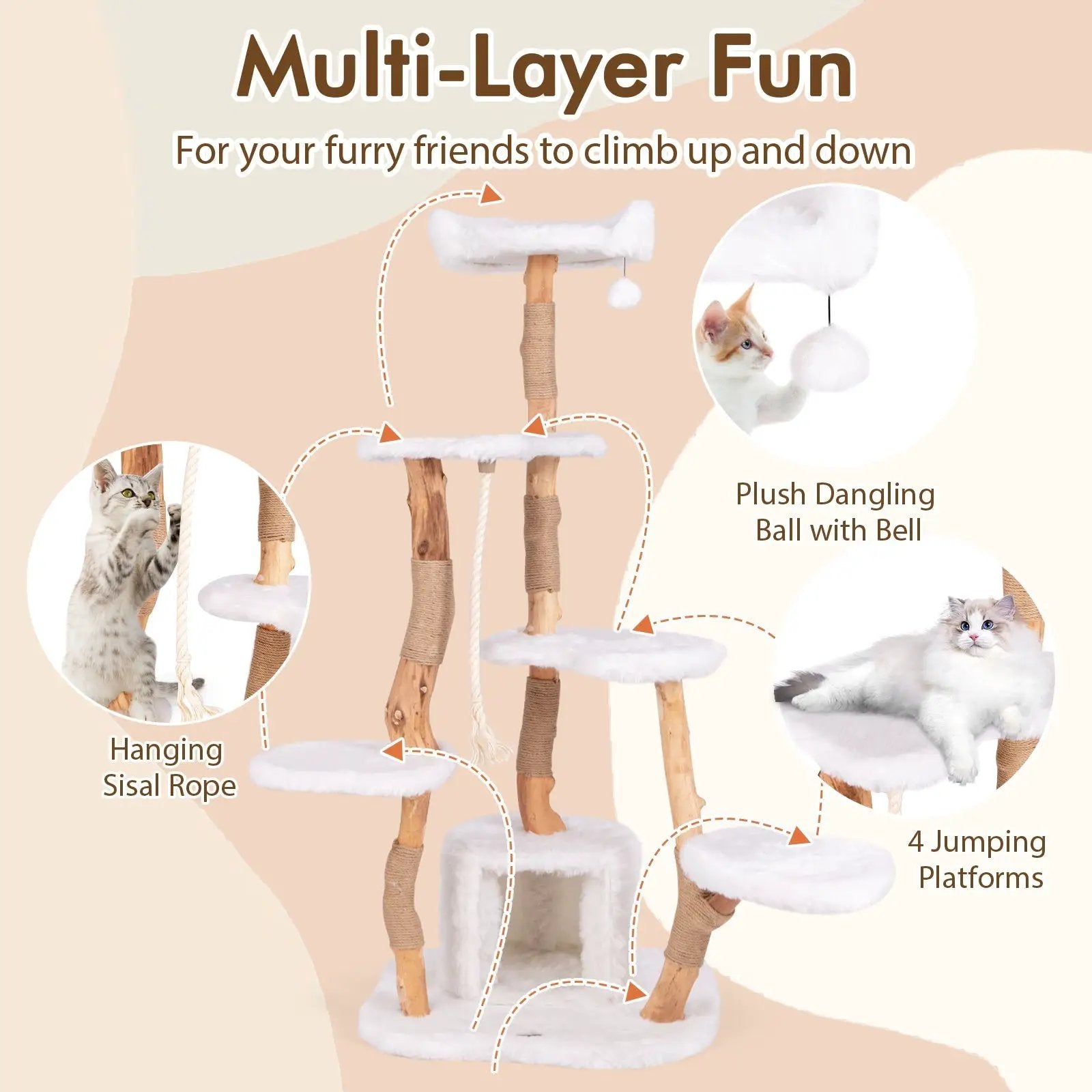 66 Inch Tall Solid Wood Cat Tree Modern Wooden Cat Tower with Perch-White by DirectDeals
