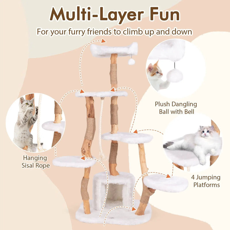 66 Inch Tall Solid Wood Cat Tree Modern Wooden Cat Tower with Perch-White by DirectDeals