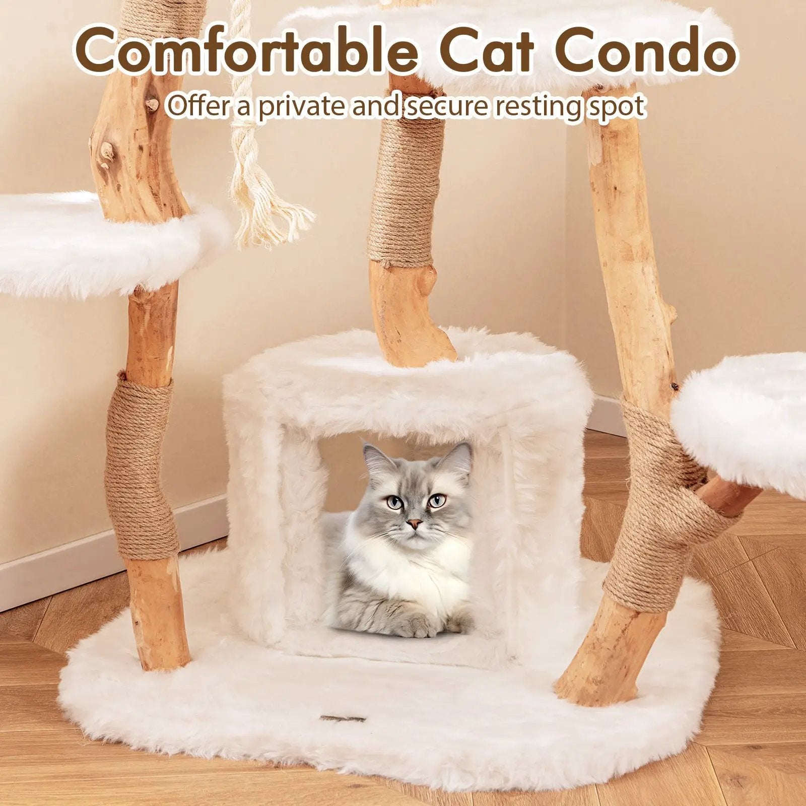 66 Inch Tall Solid Wood Cat Tree Modern Wooden Cat Tower with Perch-White by DirectDeals