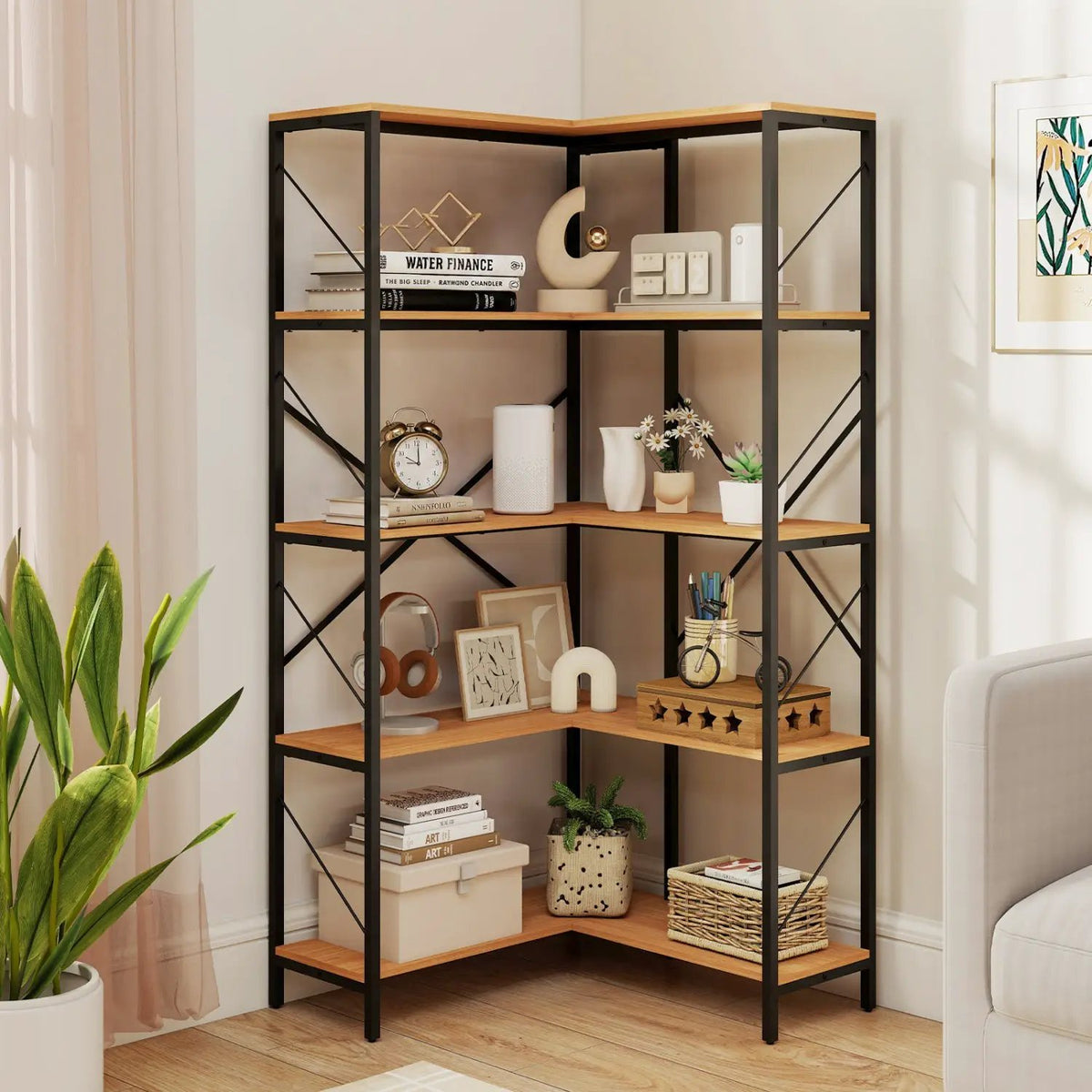 5-Tier L-Shaped Corner Bookcase with Metal Frame, 66" Tall by DirectDeals