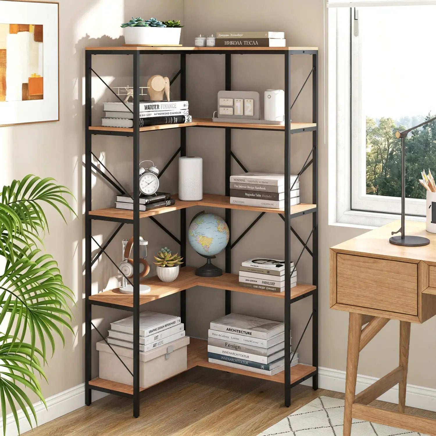 5-Tier L-Shaped Corner Bookcase with Metal Frame, 66" Tall by DirectDeals