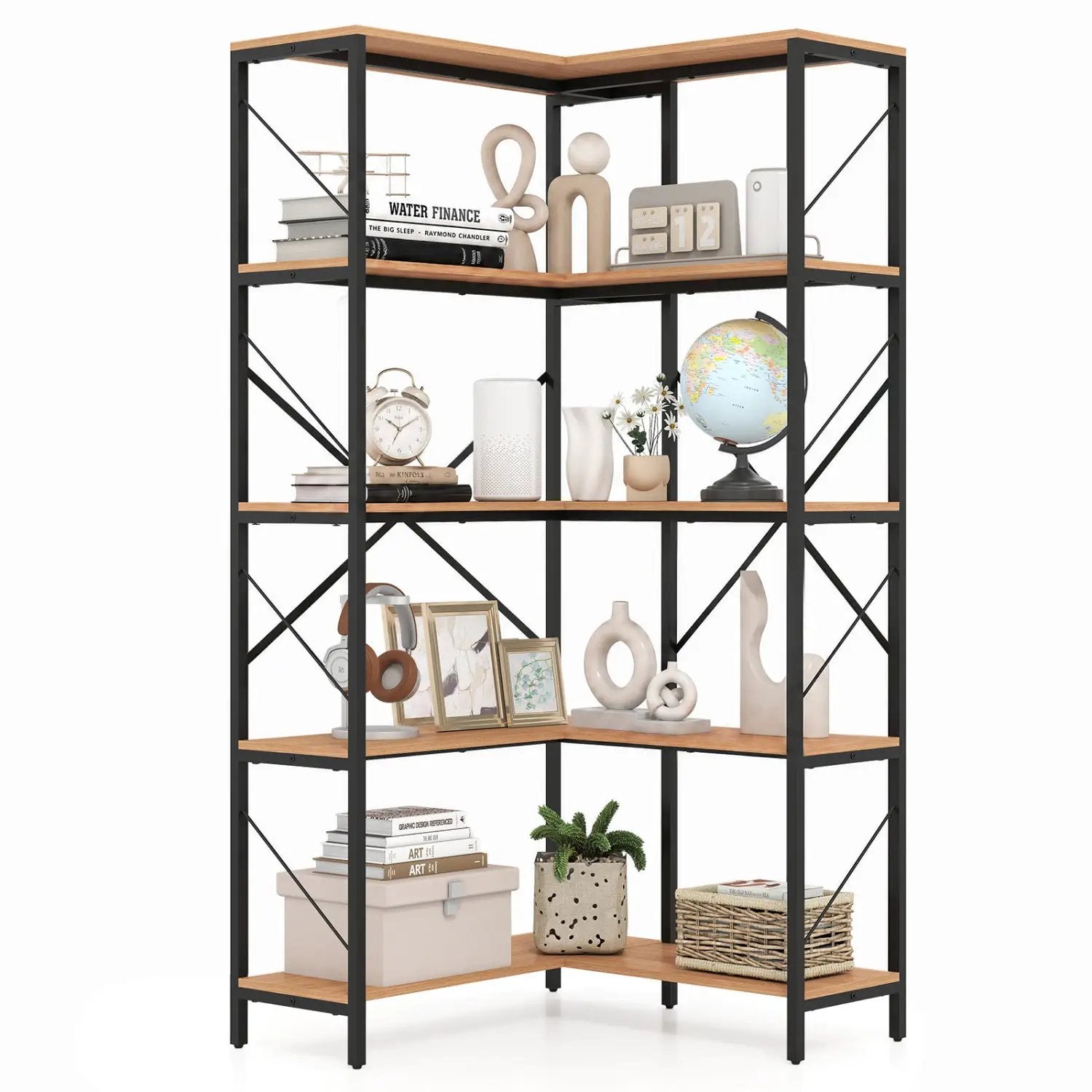 5-Tier L-Shaped Corner Bookcase with Metal Frame, 66" Tall by DirectDeals