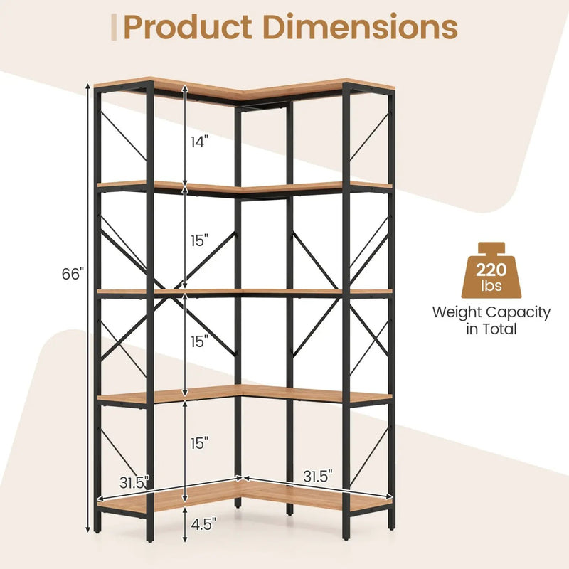 5-Tier L-Shaped Corner Bookcase with Metal Frame, 66" Tall by DirectDeals