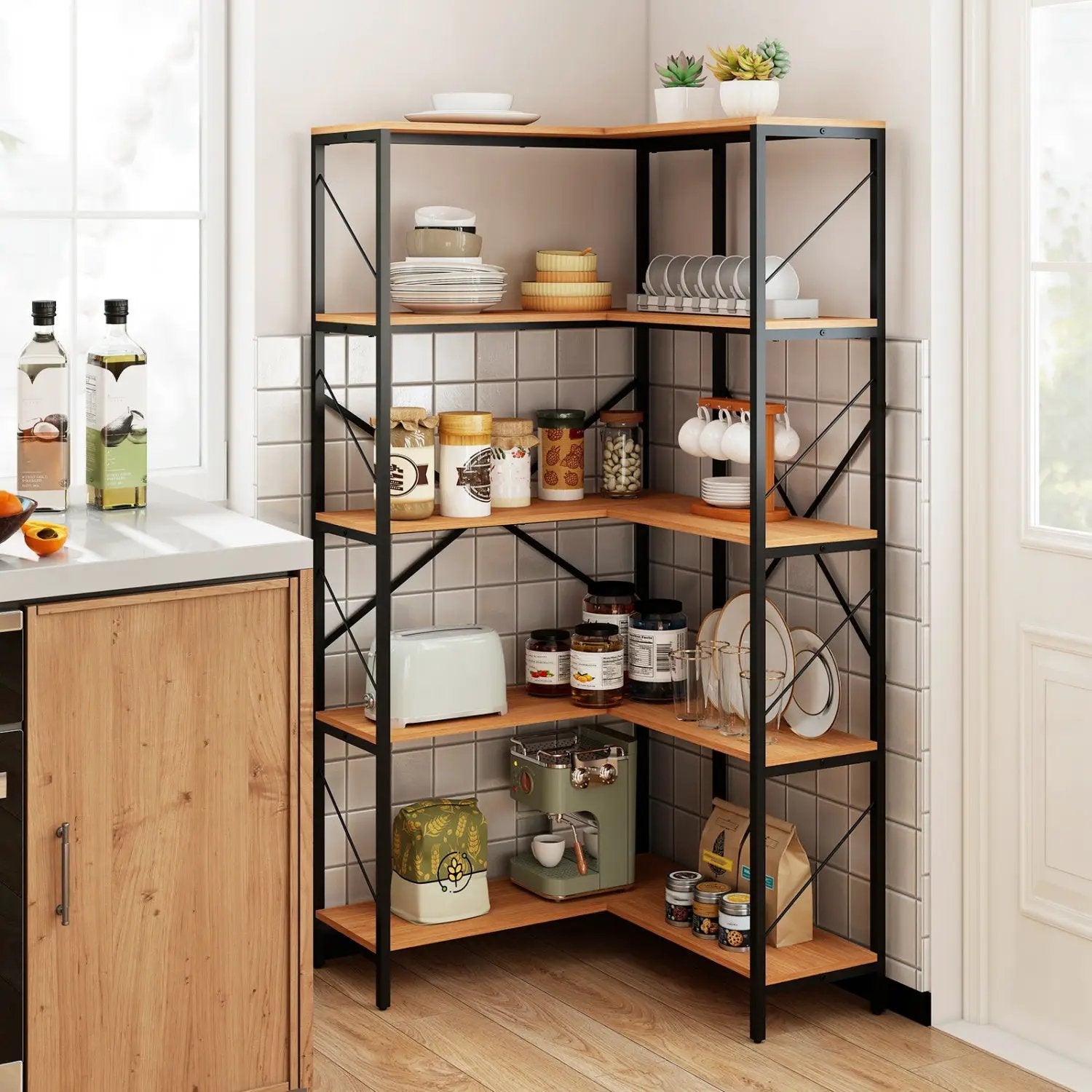 5-Tier L-Shaped Corner Bookcase with Metal Frame, 66" Tall by DirectDeals