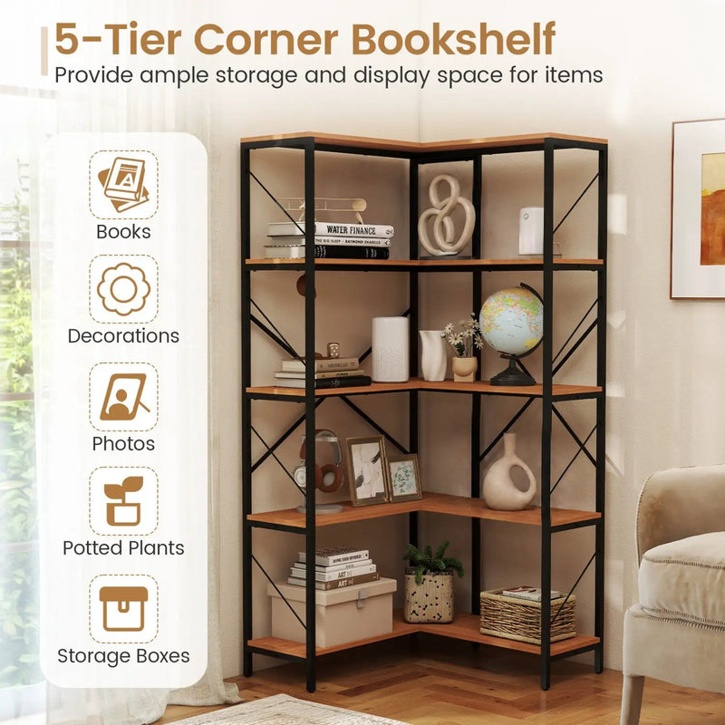 5-Tier L-Shaped Corner Bookcase with Metal Frame, 66" Tall by DirectDeals