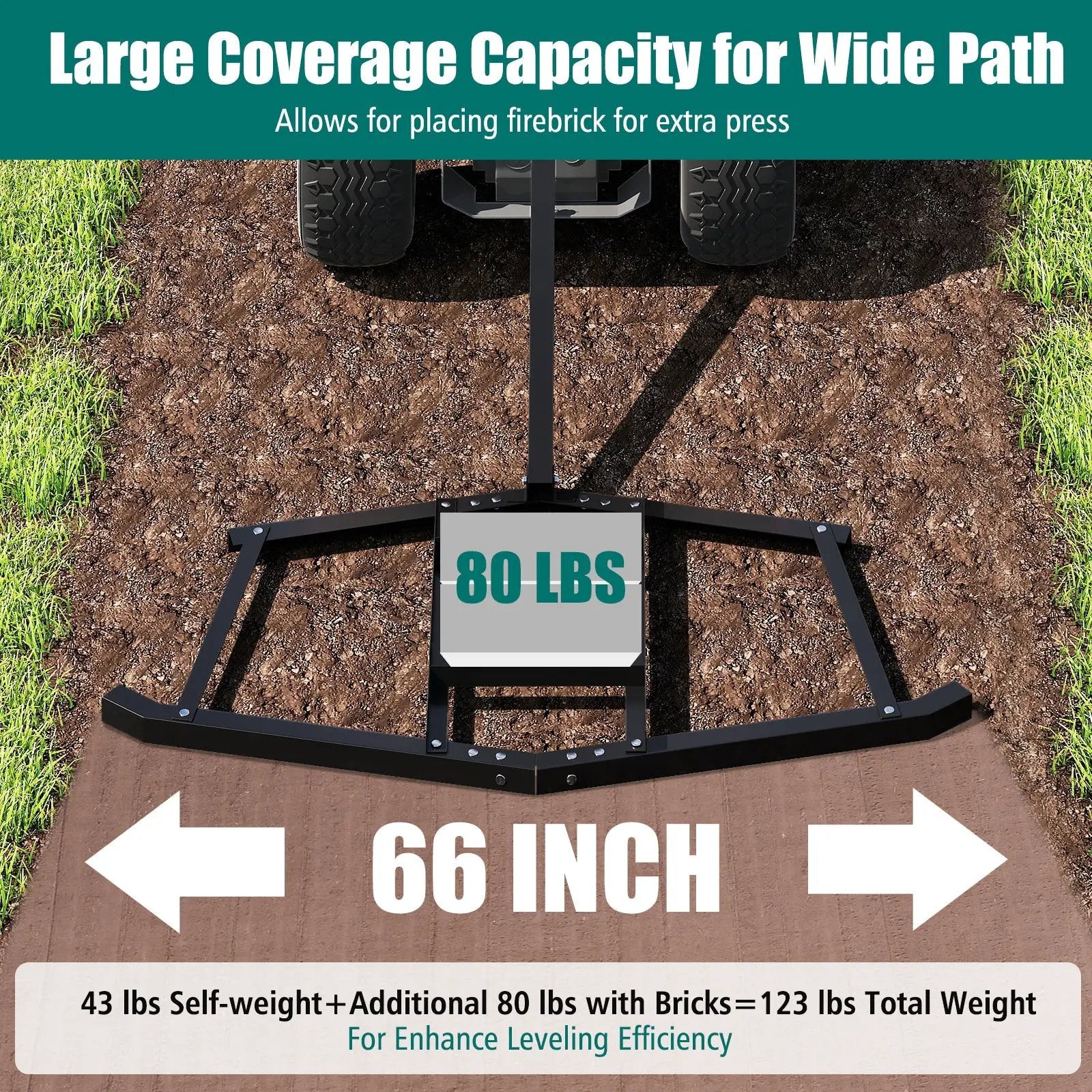 66" Wide Driveway Drag Tow Behind Landscape Leveling Rake with Reinforced Bars-Black by DirectDeals
