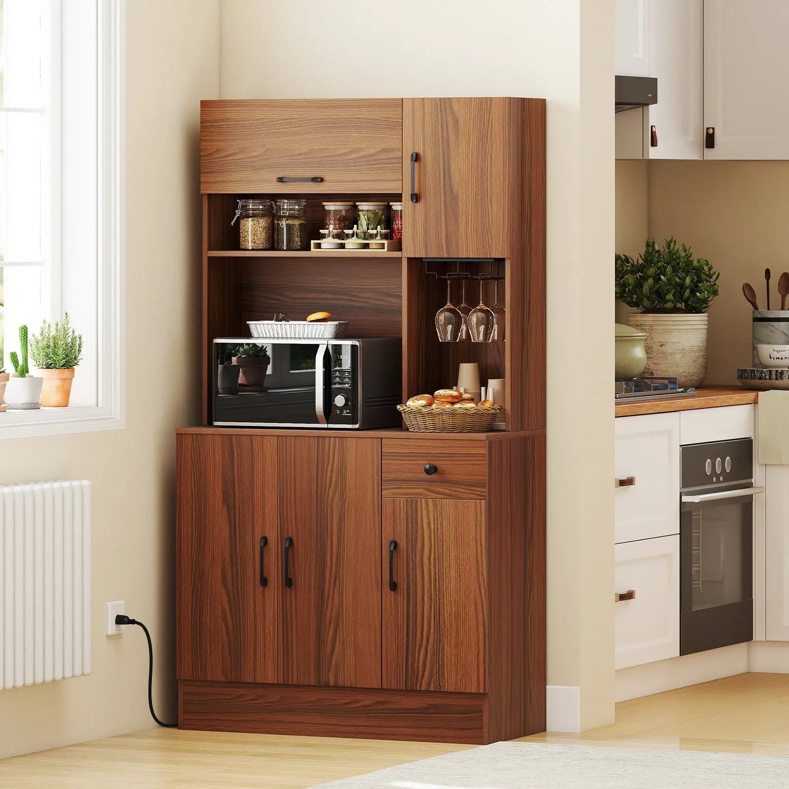 66 inch Pantry Cabinet with Charging Station and Microwave Stand-Brown by DirectDeals