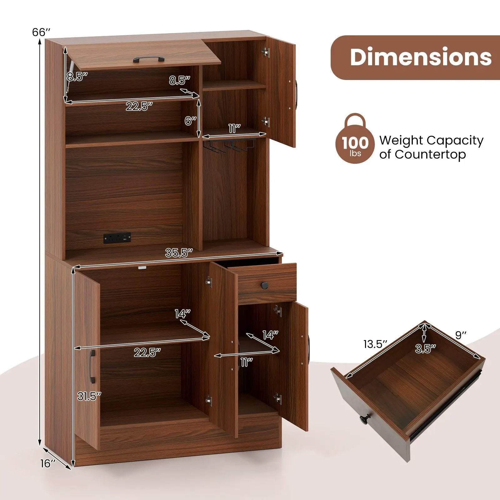 66 inch Pantry Cabinet with Charging Station and Microwave Stand-Brown by DirectDeals