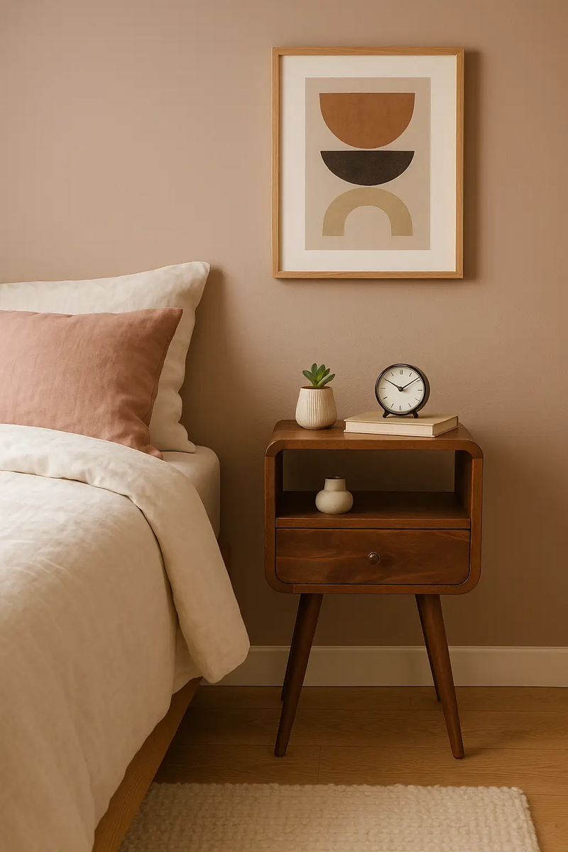Solid Wood Mini Curve Bedside, 1-Drawer, 1 Open Slot, Chestnut by HouseOfZazla