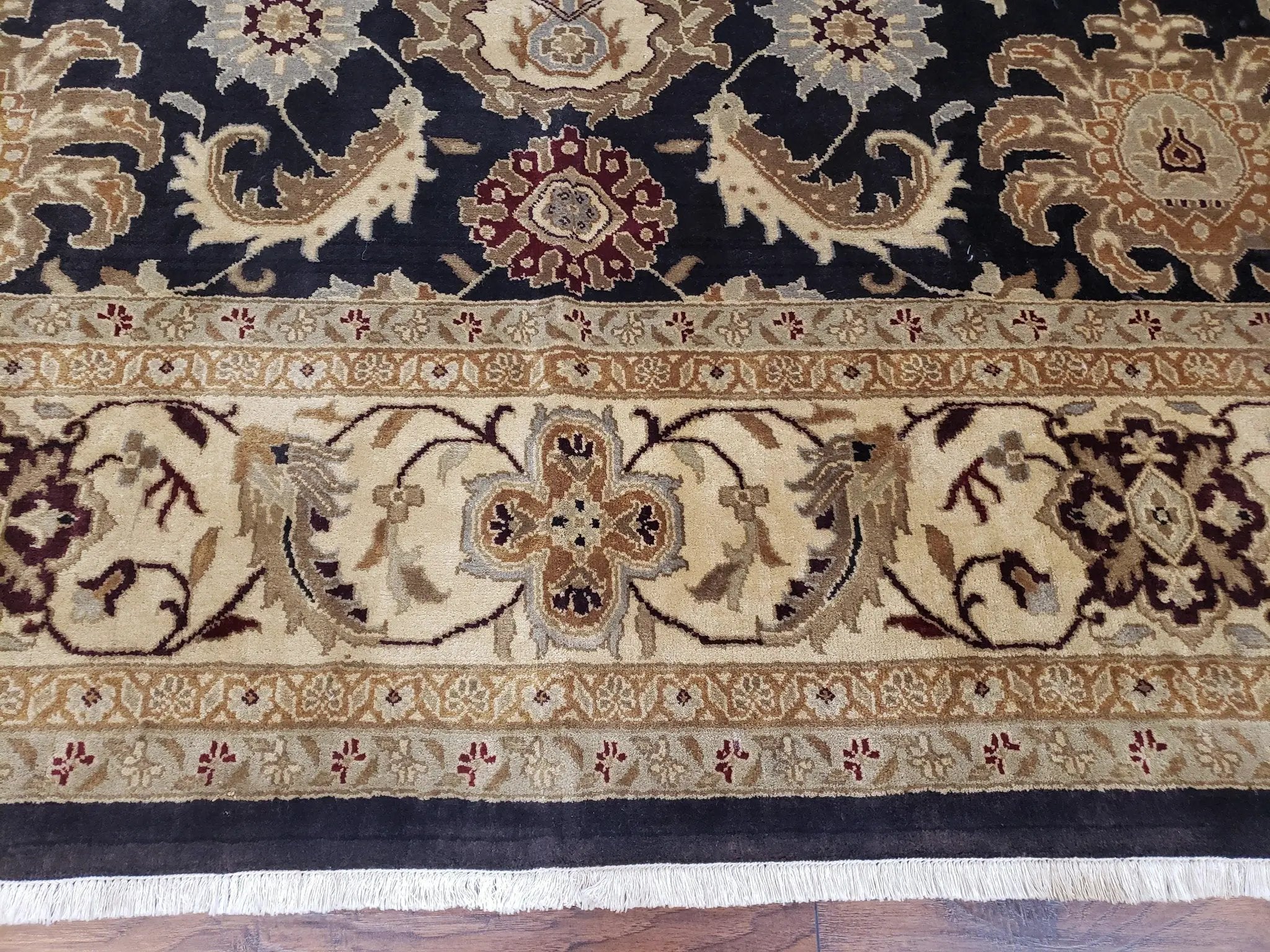 Indo Mahal Rug 8x12, Indian Sultanabad Handmade Area Rug, Vintage Hand-Knotted Wool Black Floral Traditional Oriental Dinning Room Rug by Jewel Rugs