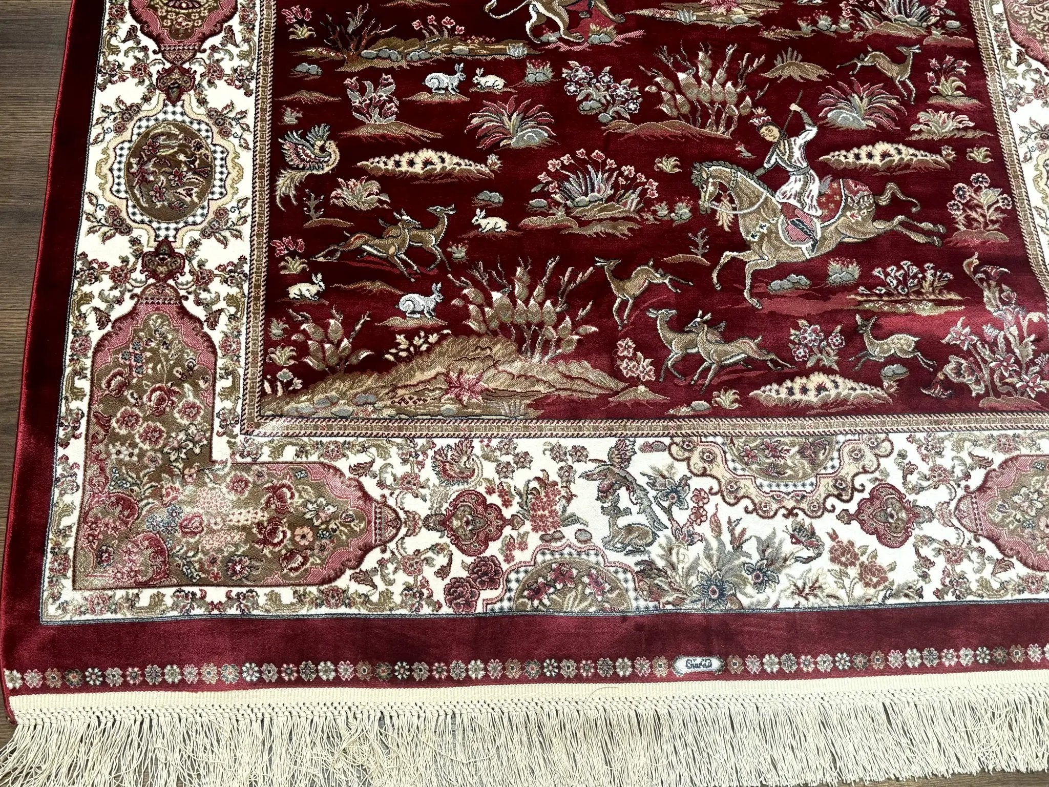 Turkish Silk Hunting Design Rug 4x6, Dark Red & Ivory, Bamboo Silk, New by Jewel Rugs