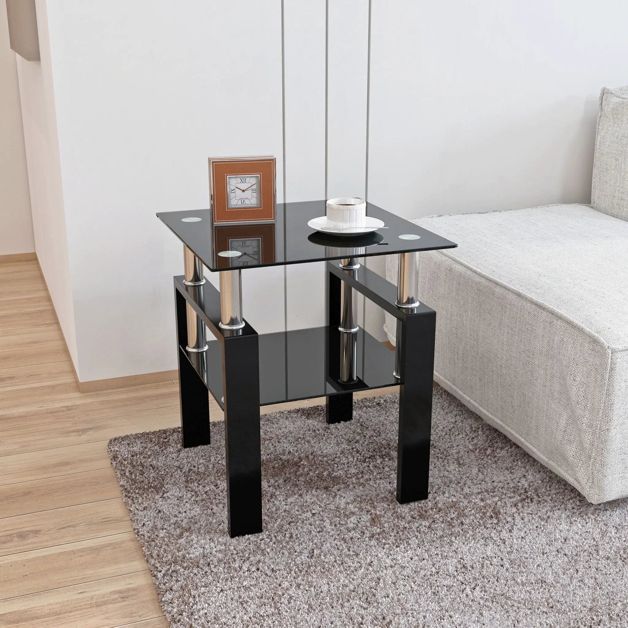Modern Tempered Glass Tea Table, End Square Table For Living Room - Black by HouseOfZazla