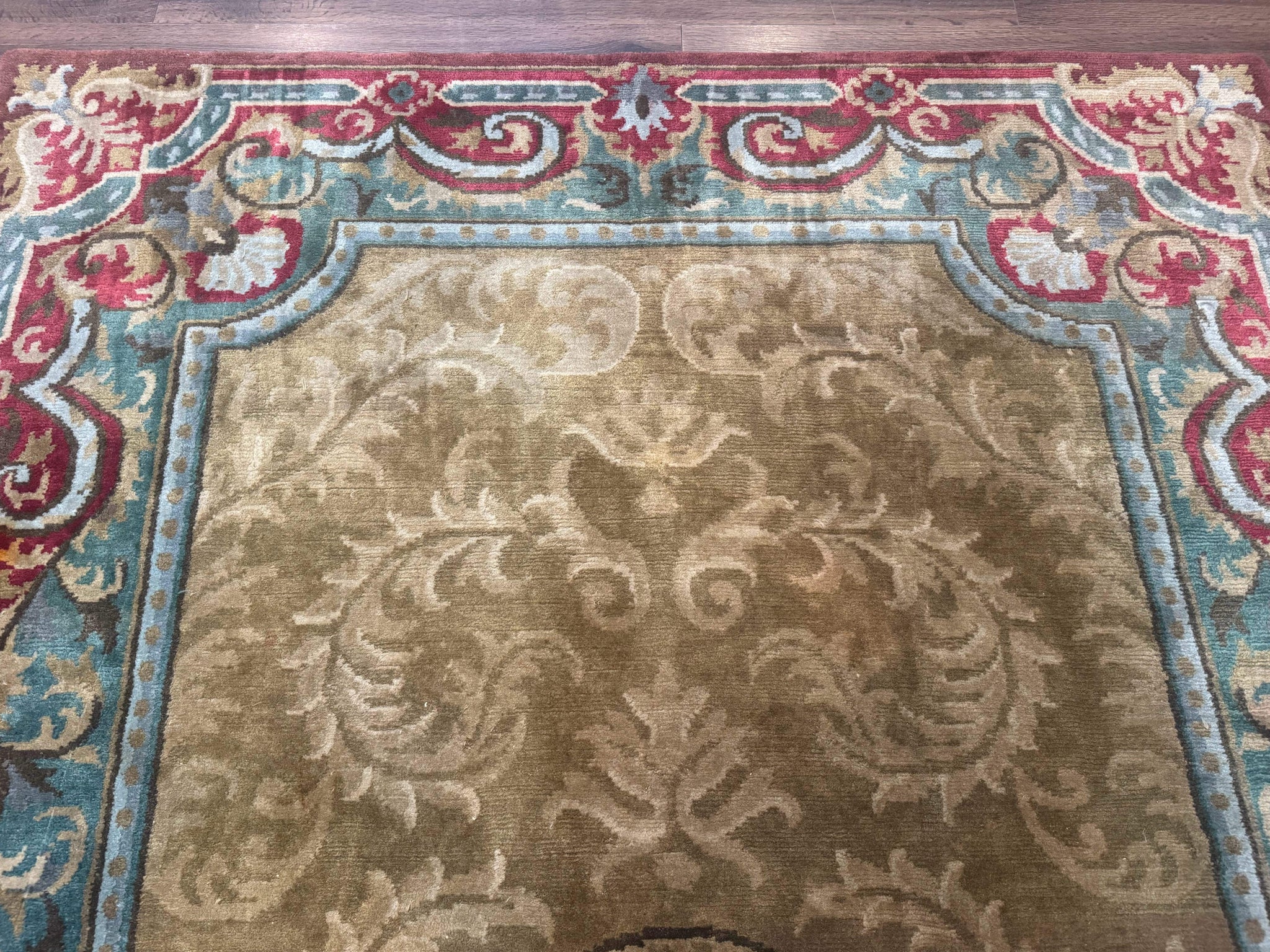 Tibetan Aubusson Rug 6x9, Gold-Beige, Soft Wool Pile, Handmade by Jewel Rugs
