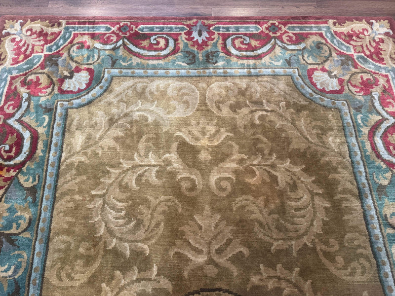 Tibetan Aubusson Rug 6x9, Gold-Beige, Soft Wool Pile, Handmade by Jewel Rugs