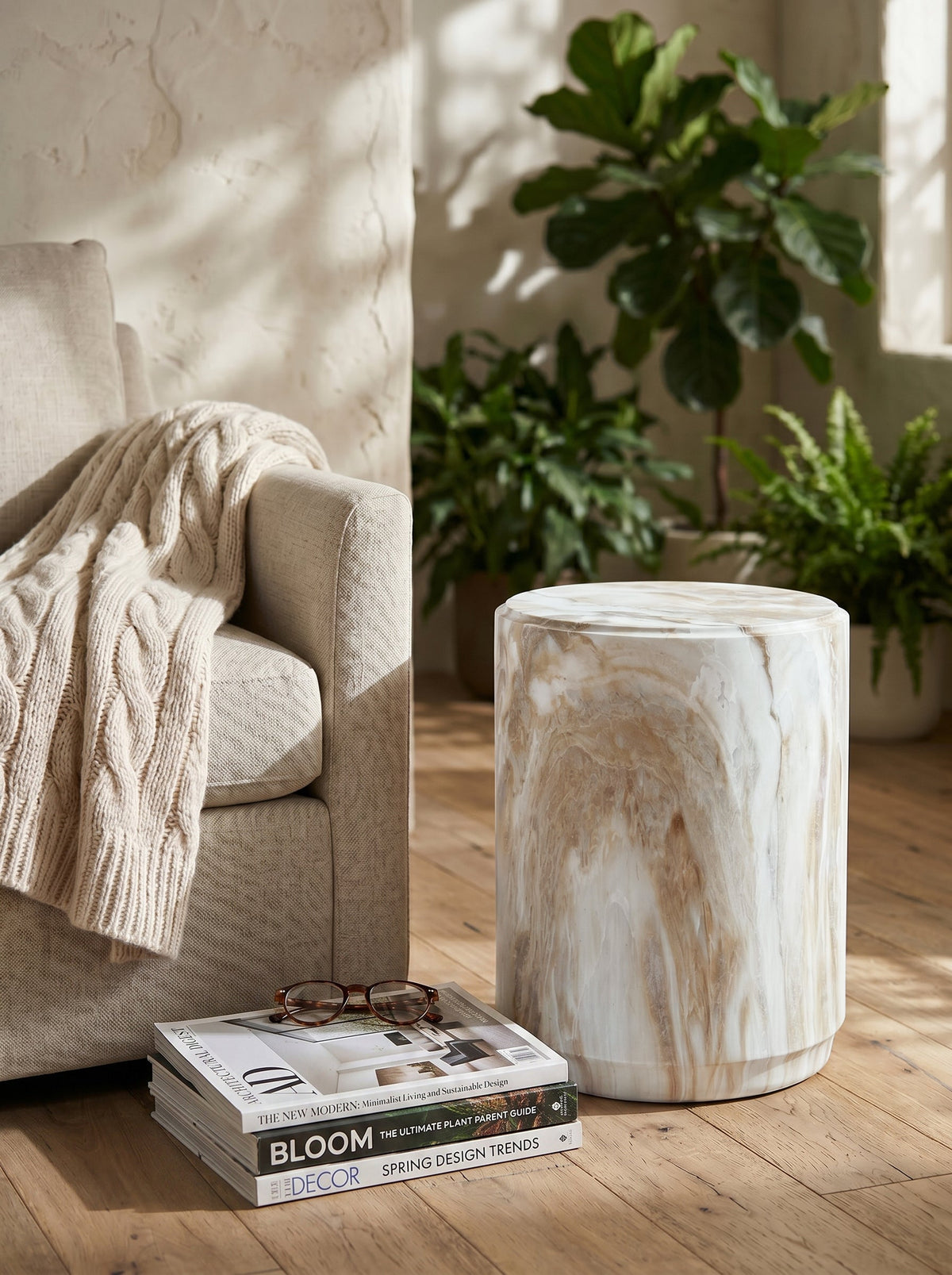 Marble-Look Stool Accent Table with Swirling Stone Finish - Beige, Green, or Black