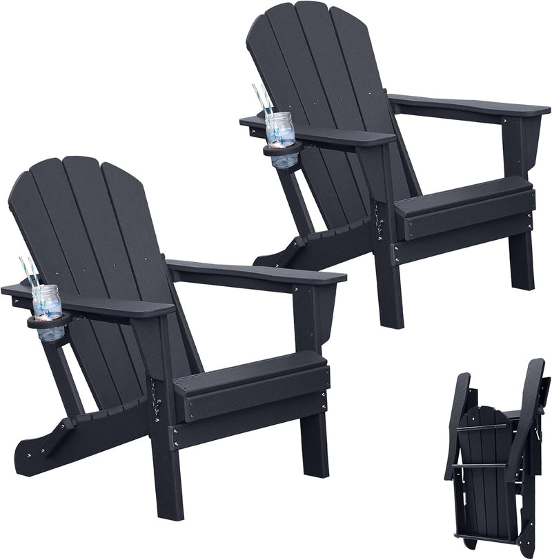 Adirondack Chairs Set of 2, Plastic HDPE Folding Outdoor Chairs with Cup Holder by HouseOfZazla