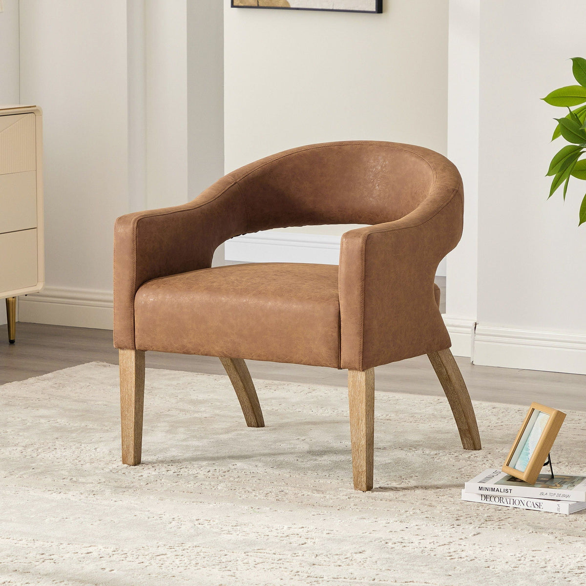 Upholstered Open Back Armchair with Weathered Rubberwood Legs - Faux Leather, photo 7 of 10