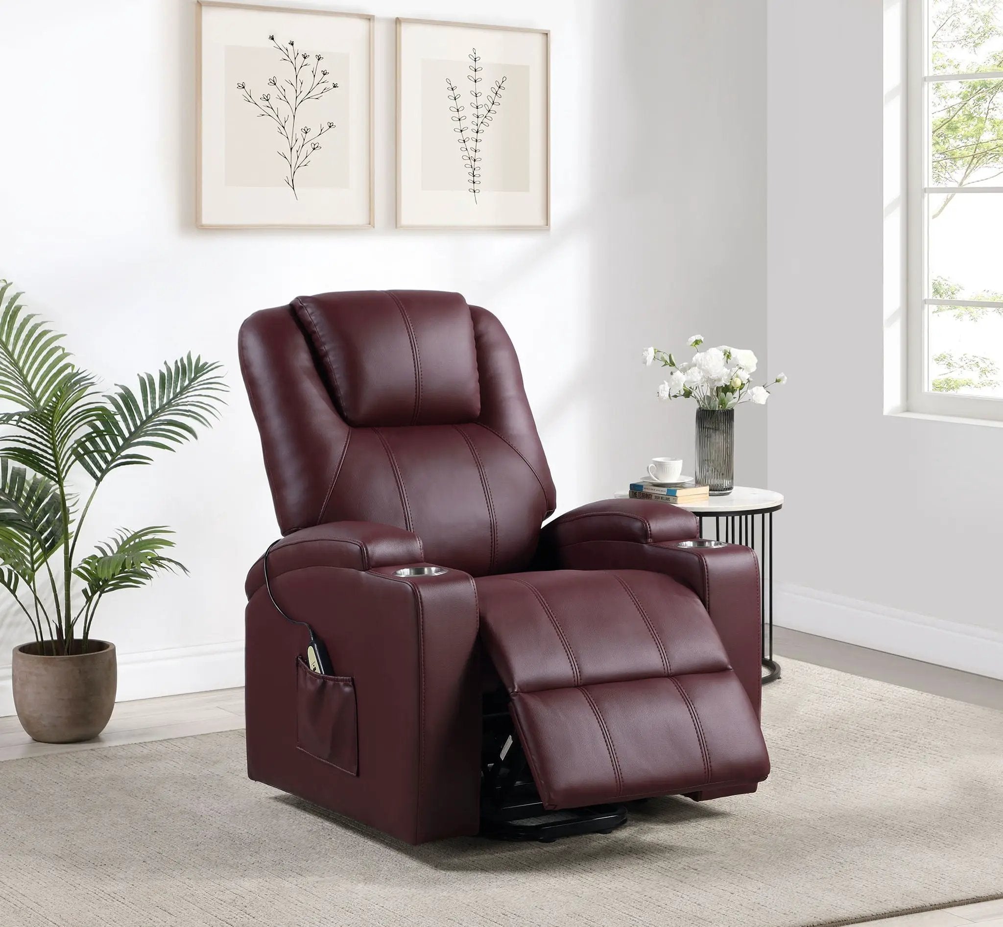 Armstrong Upholstered Power Lift Massage Recliner Wine by Unique Piece Furniture