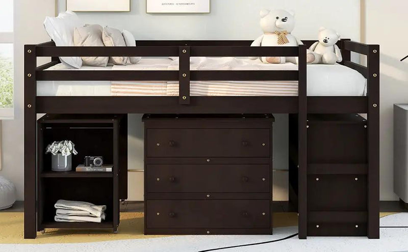 Loft Low Study Bed With Cabinet, Shelves And Rolling Portable Desk, Multiple Functions by HouseOfZazla