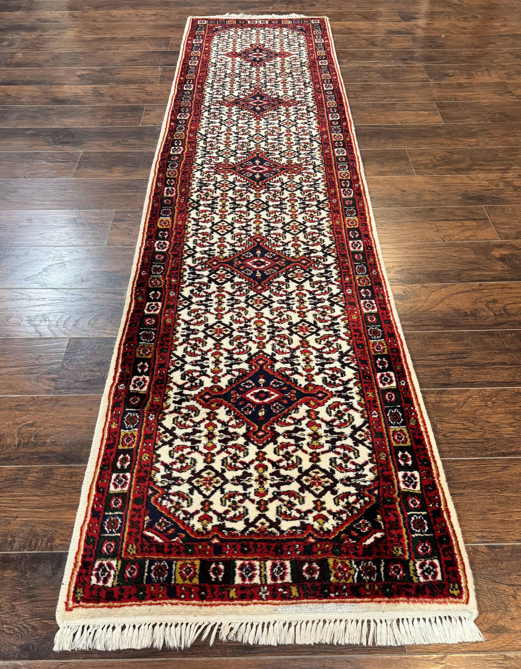 Indo Persian Bidjar Runner Rug 2.8 x 10, Vintage Rug for Hallway, 10ft Runner, Wool Handmade Ivory and Red, Medallions by Jewel Rugs