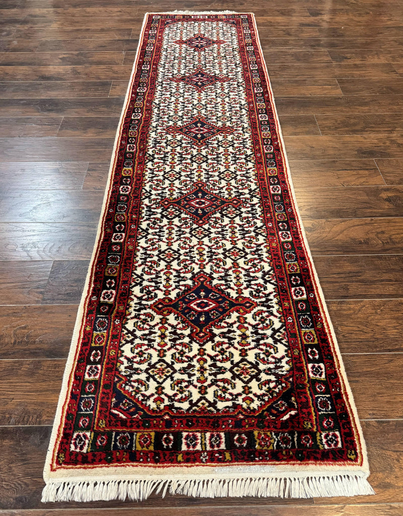 Indo Persian Bidjar Runner Rug 2.8 x 10, Vintage Rug for Hallway, 10ft Runner, Wool Handmade Ivory and Red, Medallions by Jewel Rugs