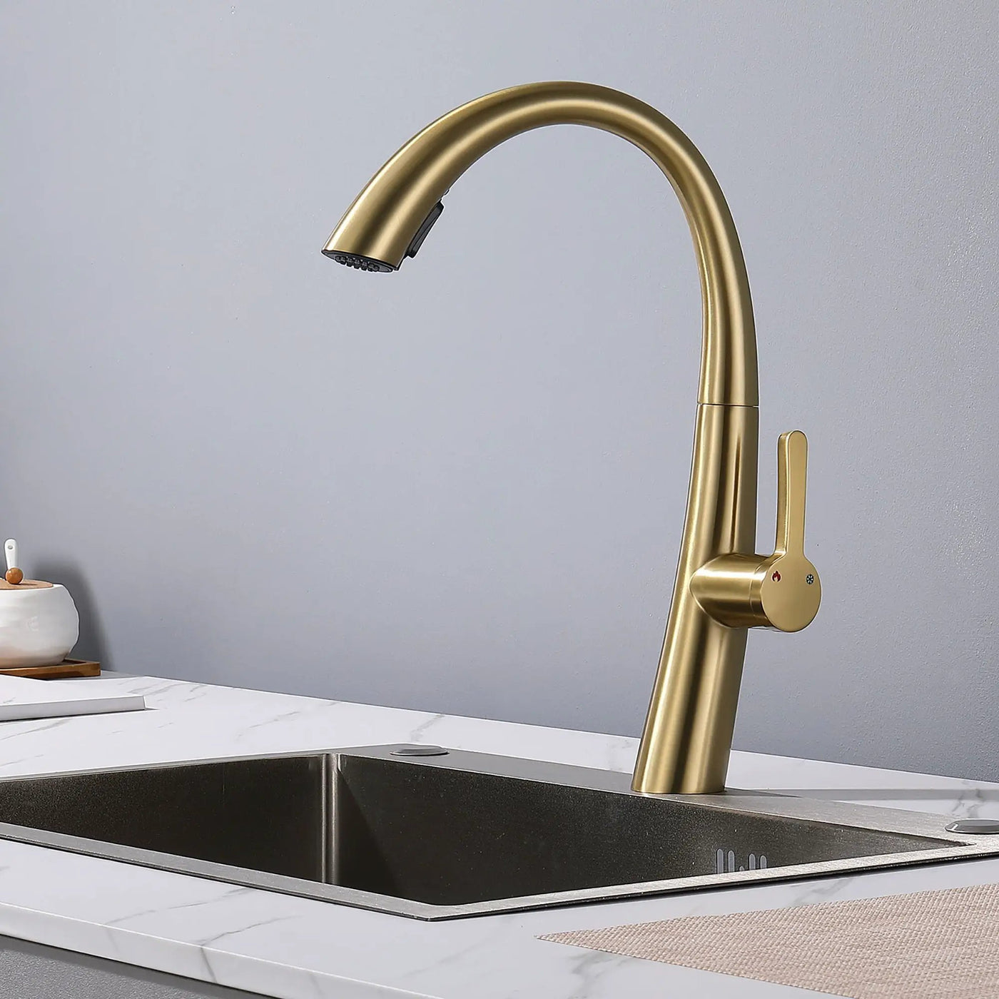 Elegant Single Handle Stainless Steel Pull Out Kitchen Faucet With High Arch Spout by HouseOfZazla