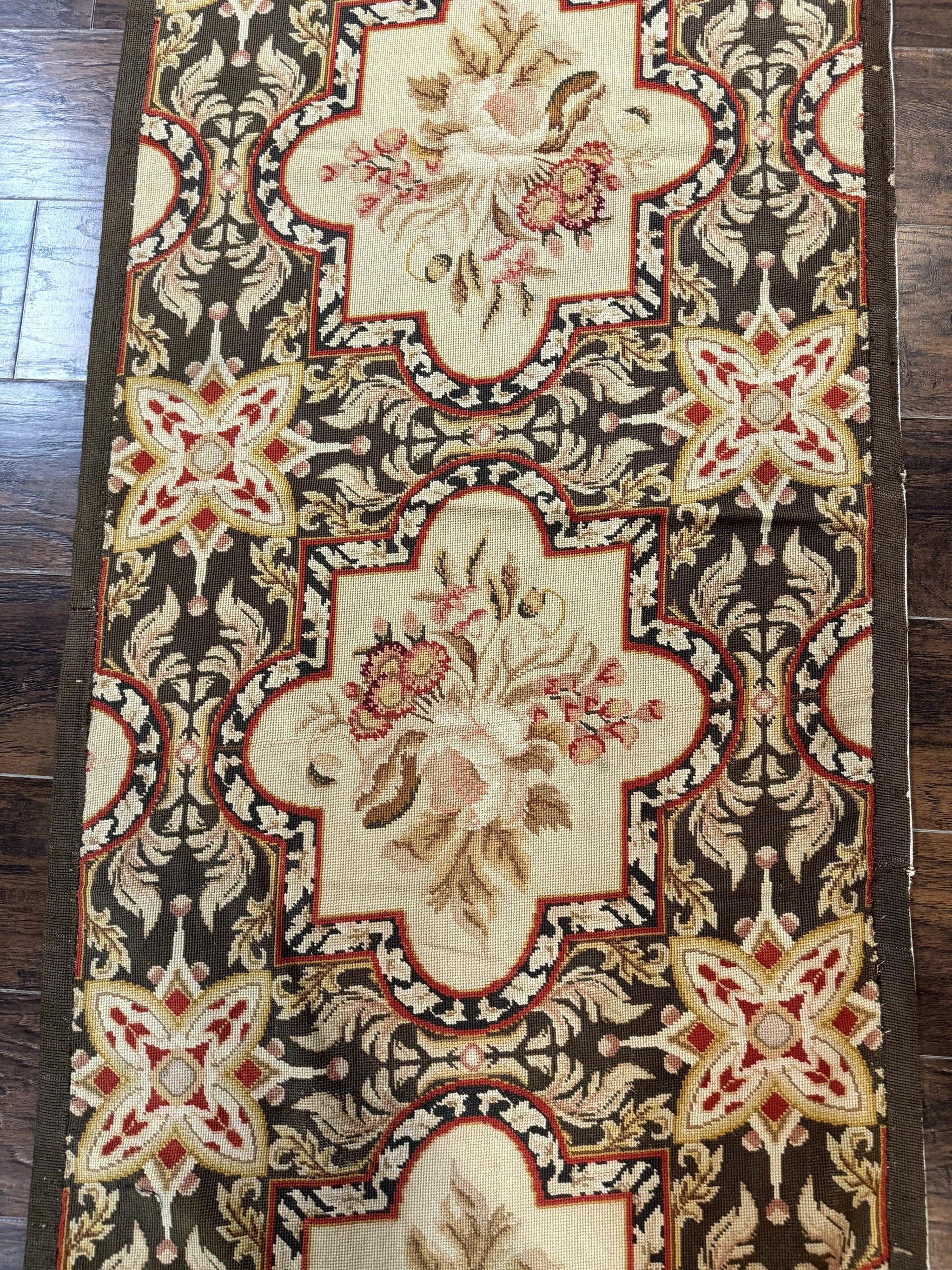 Needlepoint Runner Rug 2.7 x 9.7, European French Design, Wool, Handmade, Vintage by Jewel Rugs