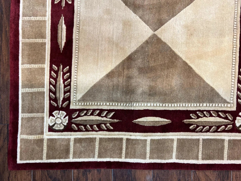 Indo Tibetan Rug 10x14, Nepali Carpet, Large Soft Wool Area Rug, Olive Tan Maroon, Contemporary Rug 10 x 14 ft Living Room Rug, Handmade Rug by Jewel Rugs