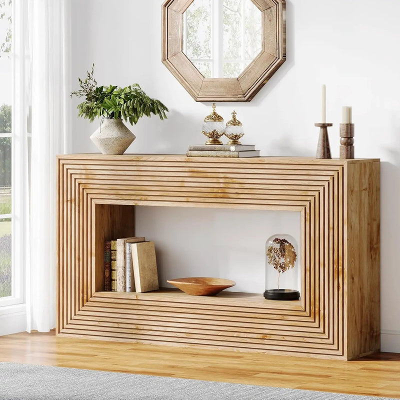 Fluted Console Table, Rectangular Entryway Table With Storage For Living Foyer - Natural Wood by HouseOfZazla