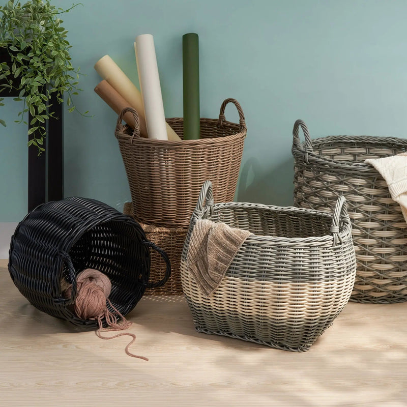 Round Cone Woven Resin Wicker Basket With Handles For Versatile Storage - Walnut Brown by Unique Piece Furniture