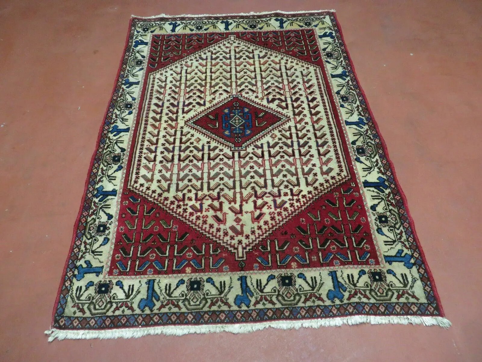 3' X 5' Vintage Handmade India Geometric Oriental Wool Rug Nice Birds Ivory Red by Jewel Rugs