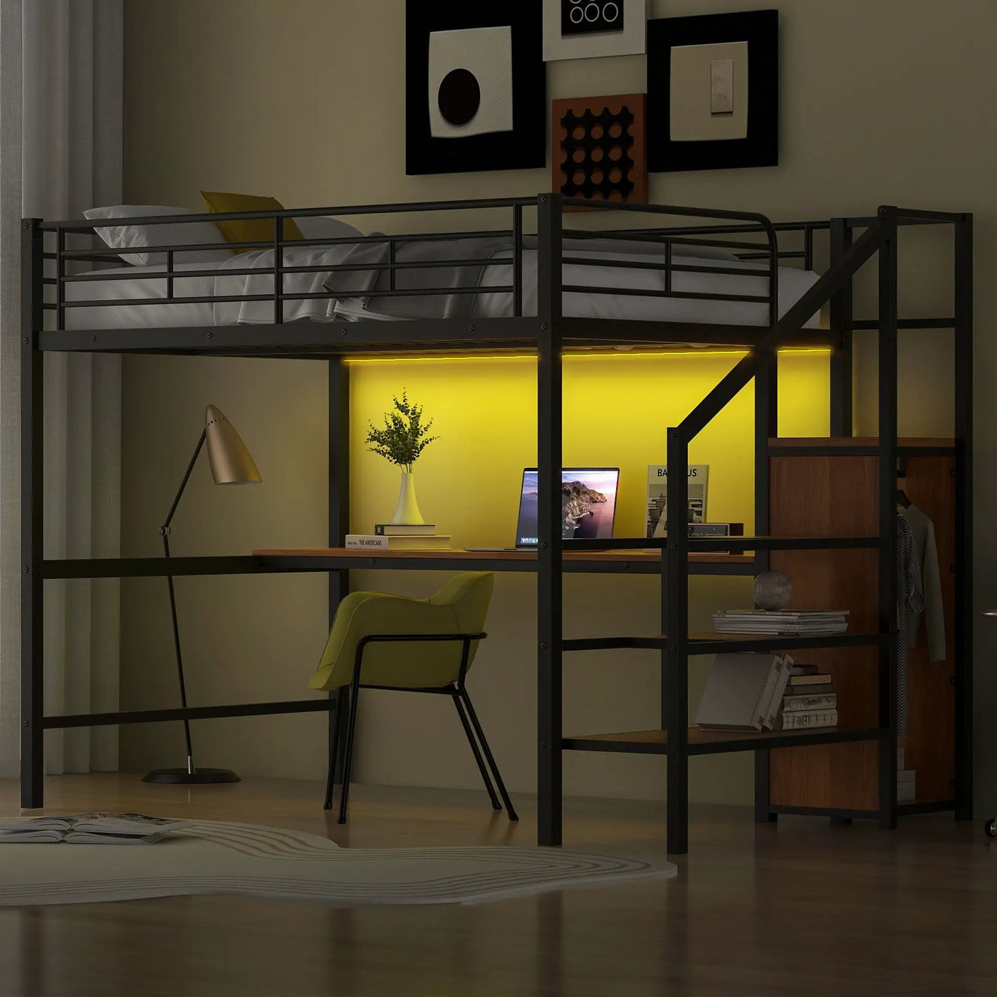 Loft Bed With Desk, Storage Staircase, Small Wardrobe And LED Light by HouseOfZazla