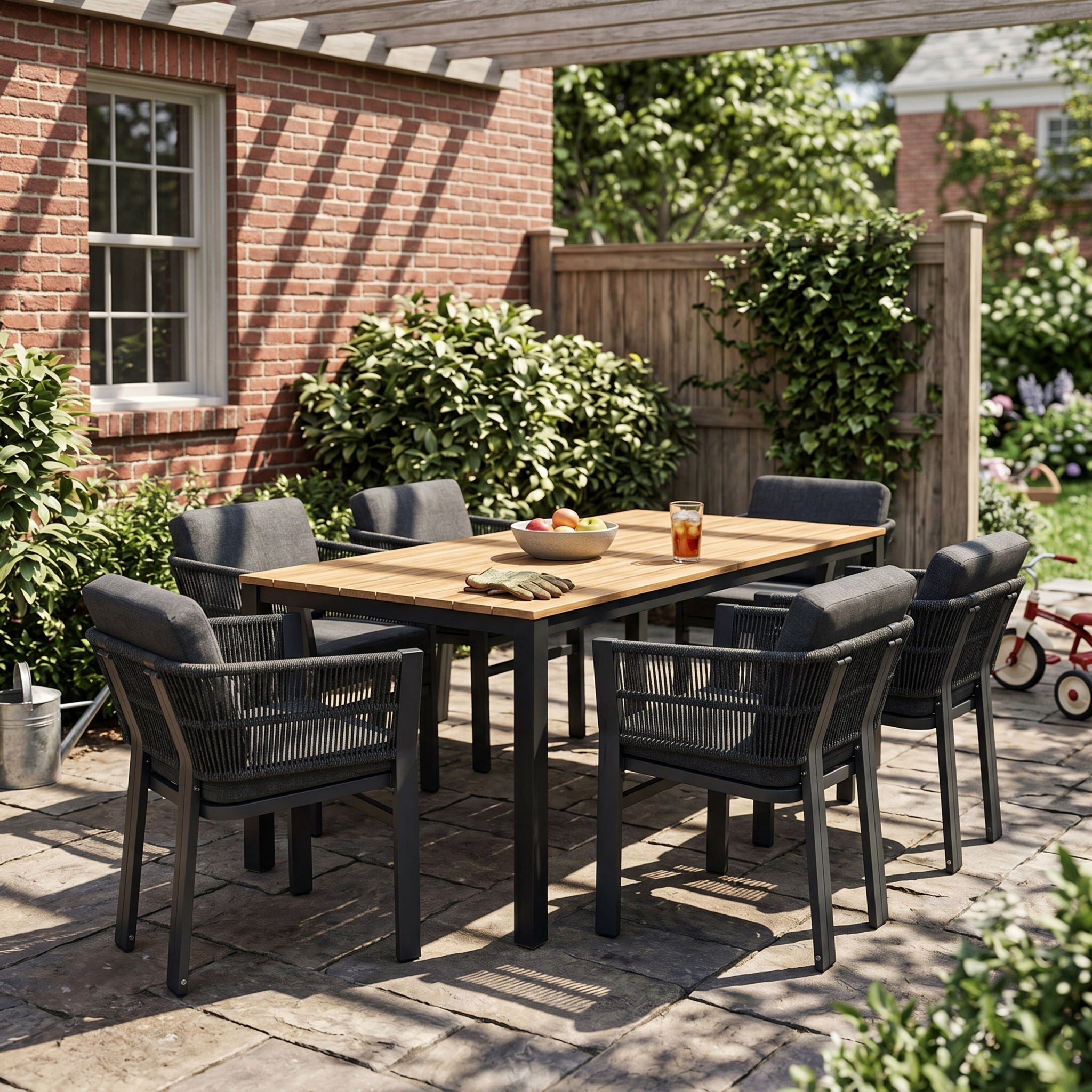 7 Piece Outdoor Dining Set With Table And 6 Chairs - Black / Teak / Gray by HouseOfZazla