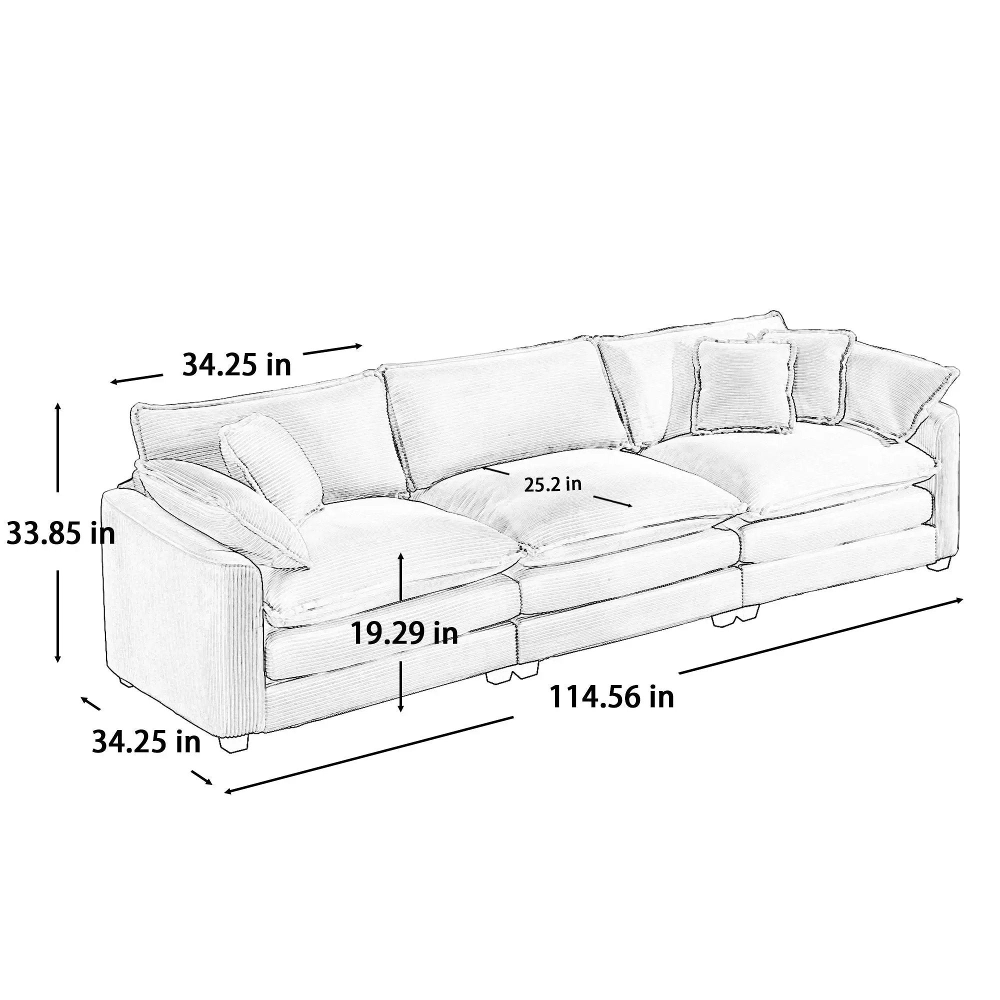 Mid-Century Modern 3 Seater Sectional Sofa With Arm And Throw Pillows by Unique Piece Furniture