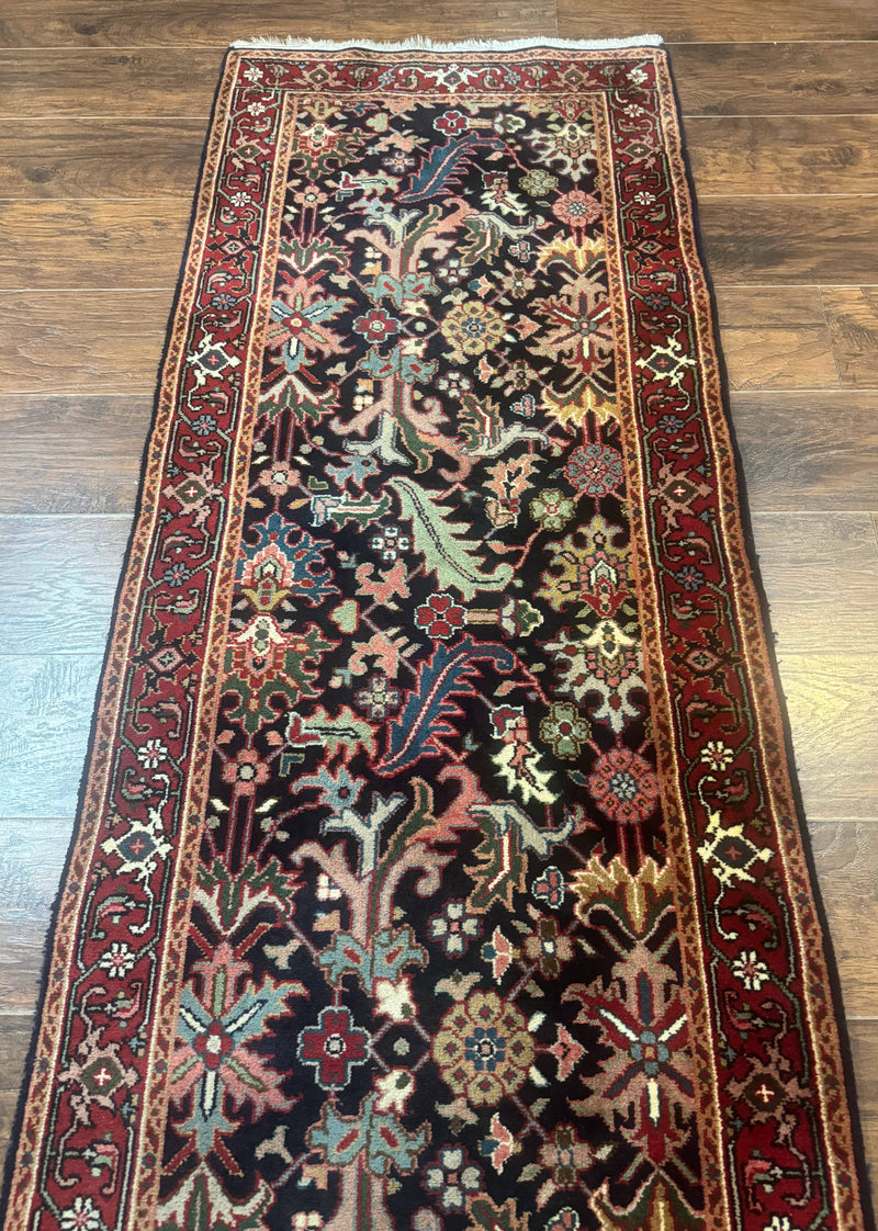 Indo Persian Runner Rug 2.7 x 13, Navy Blue and Red, Allover Floral, Wool, 13ft Runner by Jewel Rugs